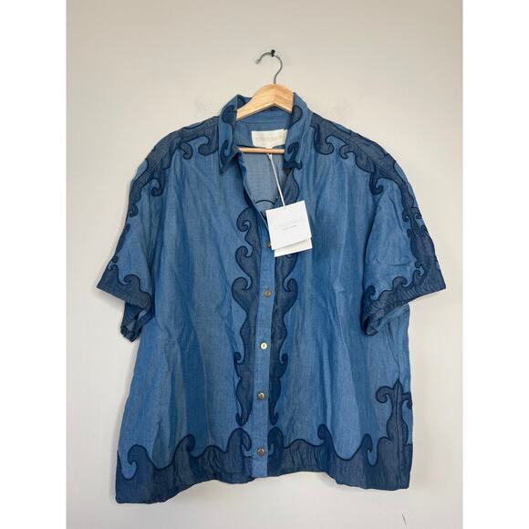 NWT Carolina K Pina Embroidered Denim Boxy Fit Short-Sleeve Shirt Blue Size: L - Picture 2 of 8